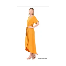 Tulip Dress   Belted Short Sleeve Maxi Hi-Lo Golden Mustard