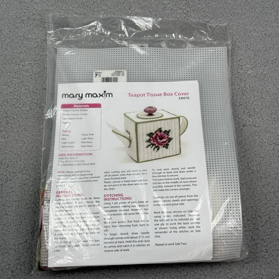 Mary Maxim Teapot Tissue Box Cover Plastic Canvas Craft Kit 24470 Floral Rose - Image 2 of 4