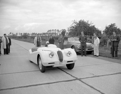 Ron soapy' Sutton Jaguars cheif test driver a cream two seater- 1949 Old Photo