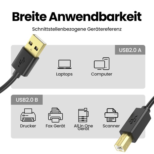 USB Druckerkabel USB A auf USB B Scannerkabel Drucker Kabel Brother Hp Epson - Afbeelding 3 van 8