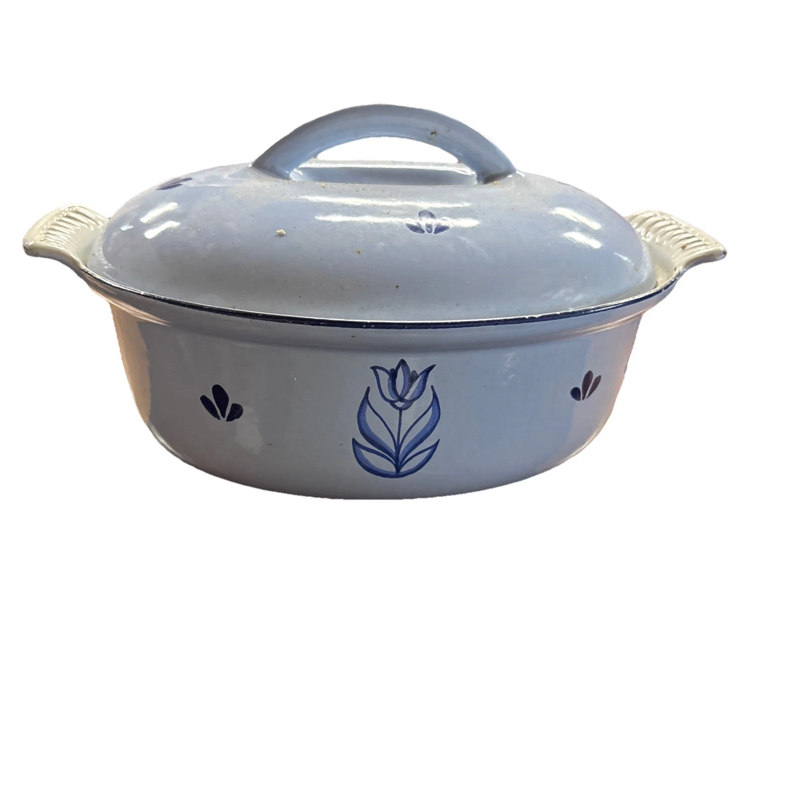 Dru Holland Enamel Cast Iron Blue Tulip Dutch Oven 8cup Roaster & Open Casserole
