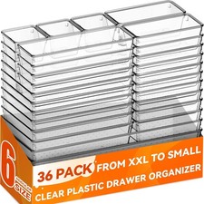 36 Pack Large Clear Plastic Drawer Organizer Bins 6 Size Acrylic Kitchen Drawer