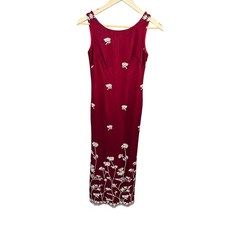 Women's Vintage 90s SMALL Chiffon Red Party Long Dress Sleeveless Embroidered