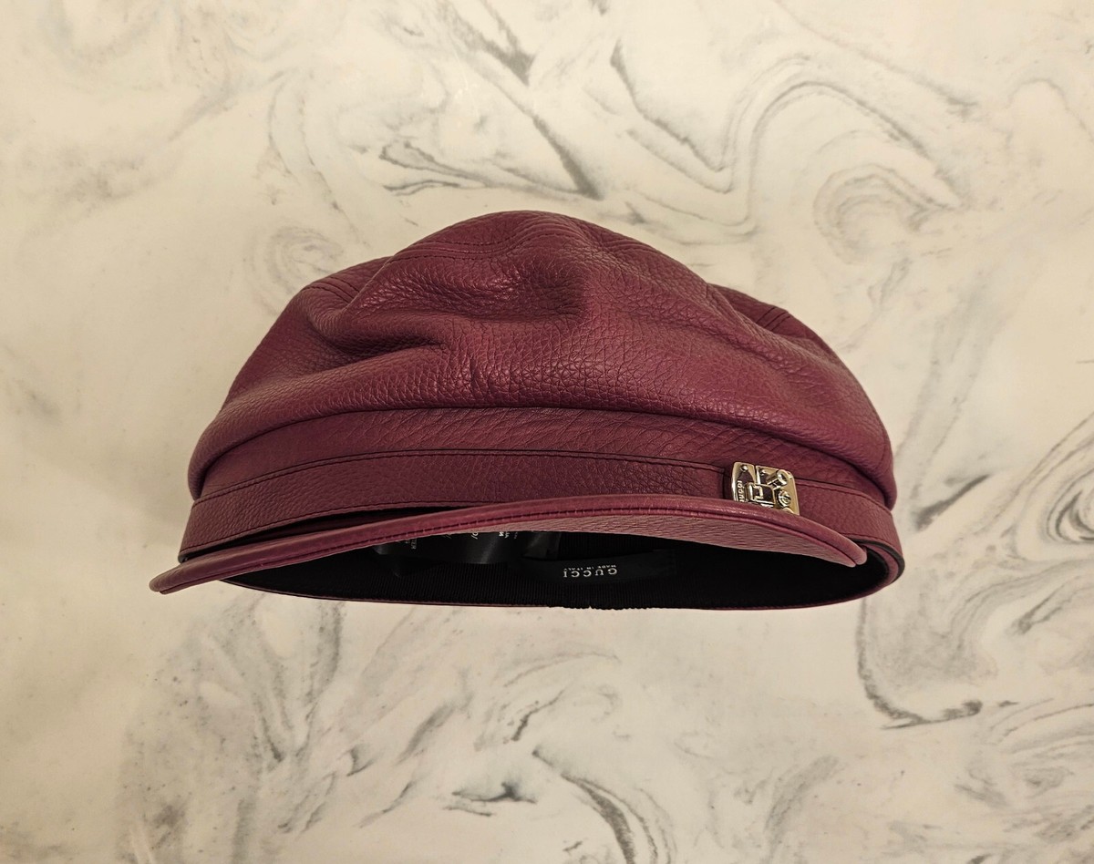New! Gucci 'Newsboy' Conductor Buckle Hat Purple Leather Womens XL