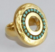 Designer Yellow Gold 24K Plated Round Hole Disc Ring Turquoise Stones Sz 8