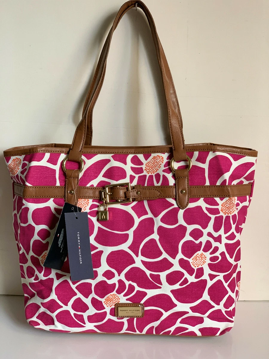 NEW TOMMY HILFIGER WHITE PINK FLORAL SATCHEL SHOPPER TOTE BAG PURSE 89 SALE