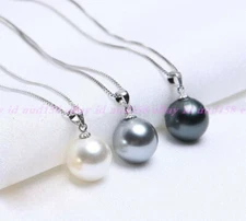 3pcs Beauty 14MM White Gray Black Round Shell Pearl 925 Silver Pendant Necklace