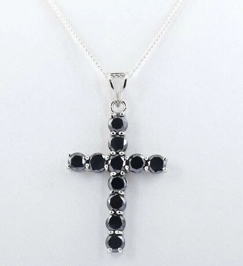 Colgante Cruz Diamante Negro Corte Redondo 2.00Ct Creado en Laboratorio Oro Blanco 14K Chapado