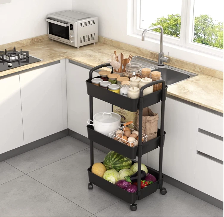 3-Tier Rolling Sywhitta Utility Cart with Handle, Multi-Functional Trolley,Black - Picture 3 of 7