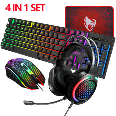 4 in 1 Gaming Keyboard Mouse & Headset & Mouse Pad Set RGB LED Gamer PC Bundle