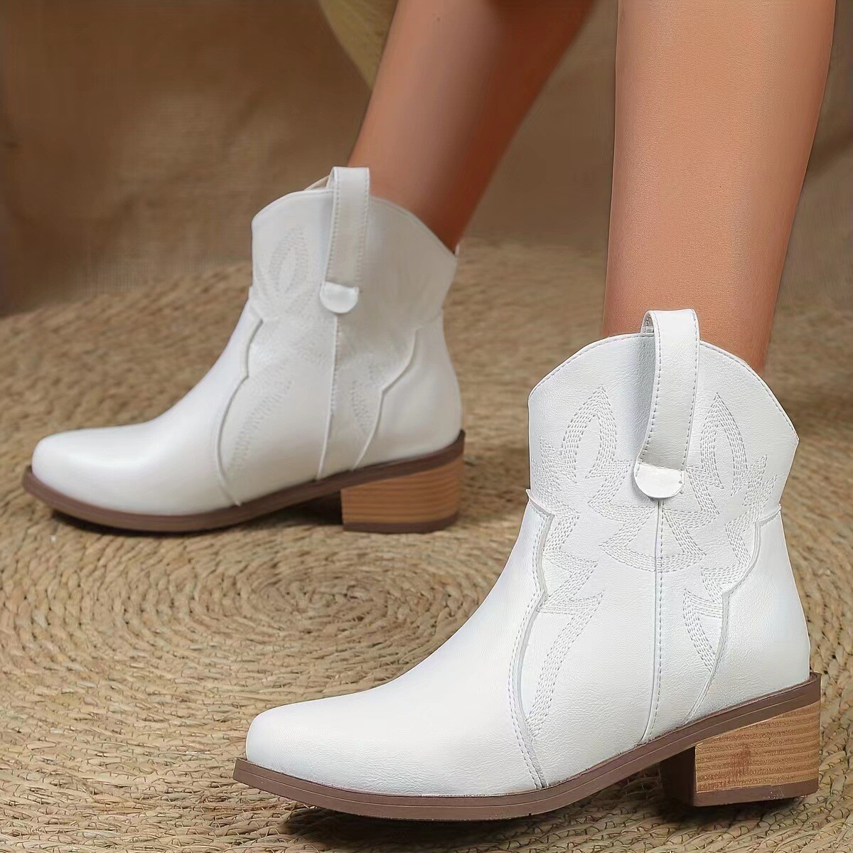 Women Cowboy Booties Low Heel Close Round Toe Western Pull On Ankle Boots  Riding