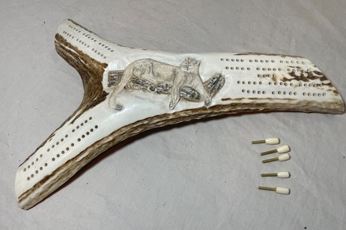 hand carved natural elk horn antler scrimshaw brass big cat cribbage game board - Picture 3 of 15