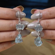 Pendientes de aguamarina cruda pendientes de plata de ley 925 pendientes de cristal, regálalala