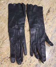 Vintage Size S 6.5 Black Leather Formal 12" Long Gloves Scallop Edge Wrist Snap