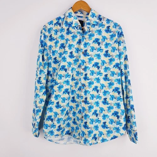 Peter Jackson Mens Size L Blue Yellow Floral Print Button Up Shirt 100% Cotton