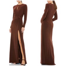 Mac Duggal NWT Long Sleeve Keyhole Draped Gown Chocolate Brown Size 2