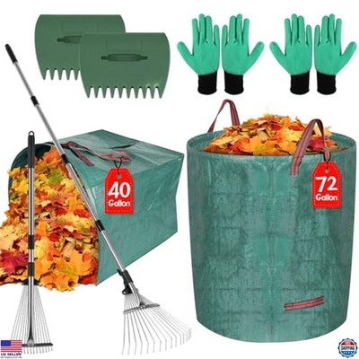 Premium Adjustable Leaf Rake Set - 68'' Heavy-Duty Rake, 15 Tines, 72 & 40 Gal