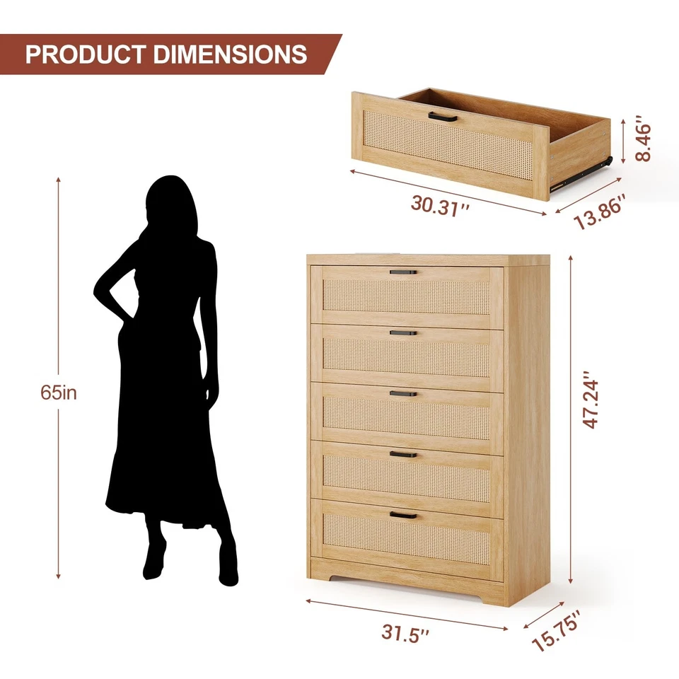 Cómoda de dormitorio de ratán con 5 cajones | 47,27" de alto con tomas de corriente, cofre de madera Foto 2 de 4