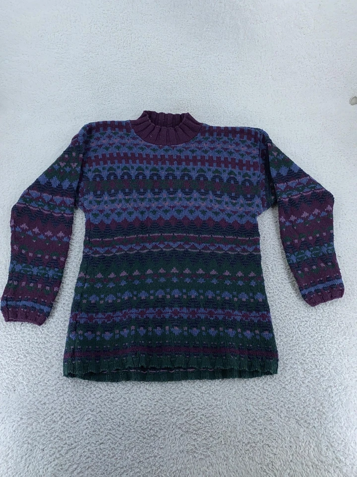 Vintage LL Bean Sweater Mens M LONG Purple Green Fair Isle Knit Pullover USA 90s - Image 2 of 4