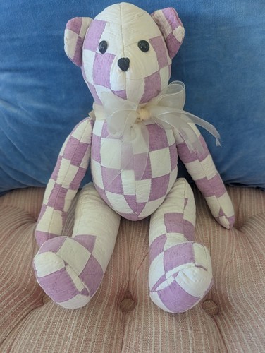 Vtg Antique Purple & White Patch Quilt Teddy Bear Stuffed Animal Handmade Doll