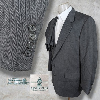 Austin Reed 2 Piece Suit Mens 44L 36x31 Gray Stripe Herringbone Flannel Wool Vtg