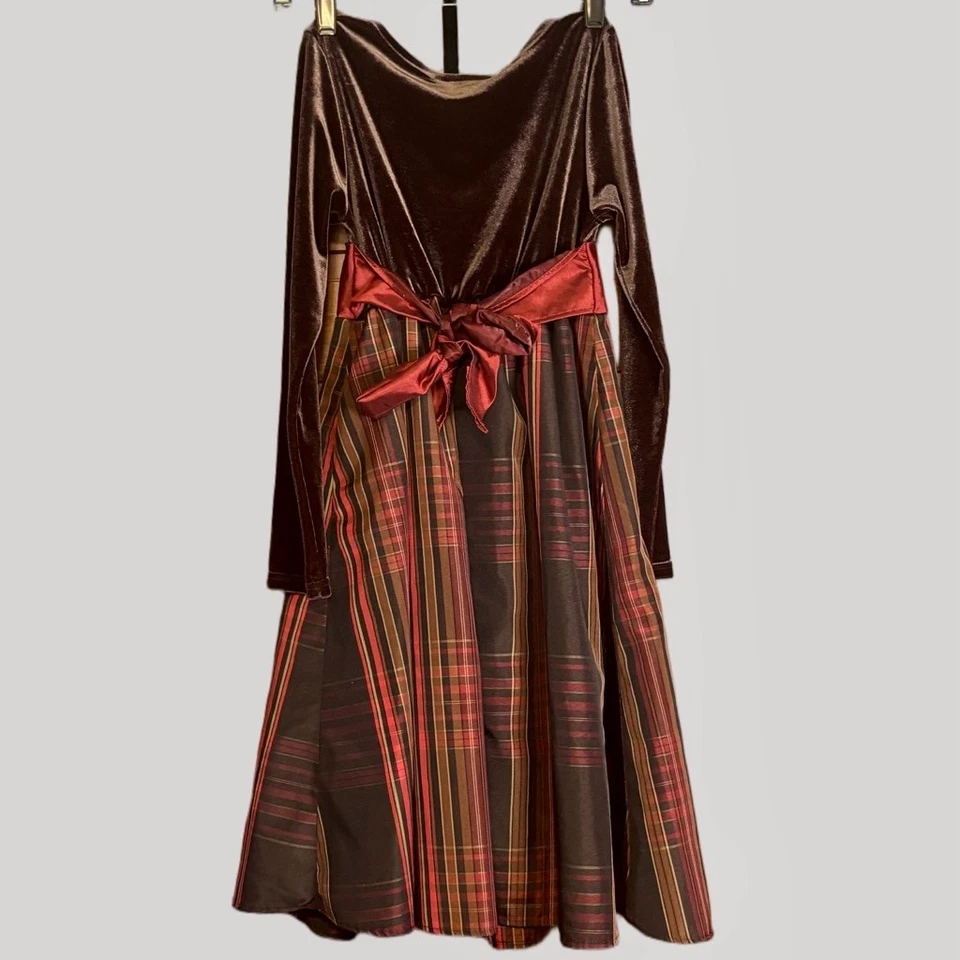 Emily West Girls Holiday Dress Velvet Plaid Red Brown Size 10 - Image 2 of 4