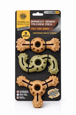 AKC Branchy Bones Tri-Chew Dog Toy 3 Pack Durable Chew Toys Bacon Scent Dental