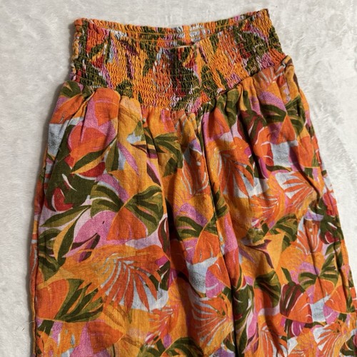 C&C California High Waist Wide Leg Linen Pants Size L Boho Orange Fruit Print - Picture 2 of 16