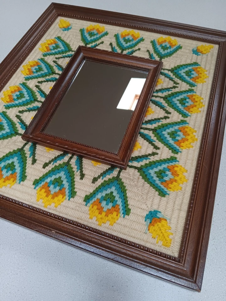 Vintage Floral Tulip Needlepoint Border Mirror Folk Art Cottagecore READ - Image 2 of 4