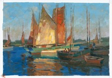 quadro originale 24x34 cm 37BdV opera d'arte dipinti ad olio barche da pesca al molo