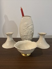 Lenox Ivory Vase & Candle Holders Set Gold Trim Floral Embossed USA Vintage