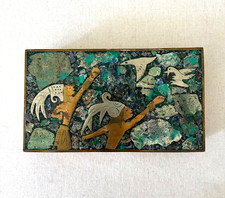 Mexican Taxco Mid-Century Modern Wood-Lined Brass Inlaid Box Aztec Themed