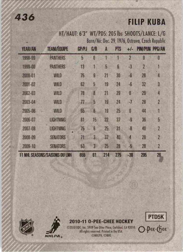 2010-11 O-Pee-Chee Filip Kuba #436 - Image 2 of 2