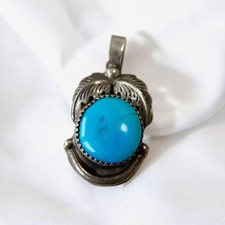 Navajo Vintage Sterling Silver 925 Turquoise Feather Pendant Top Hopi Zuni