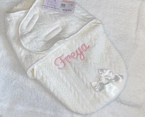 Personalised Baby Swaddle Wrap With Bow In Blue Pink Or Charcoal Grey & White π - Picture 1 of 7