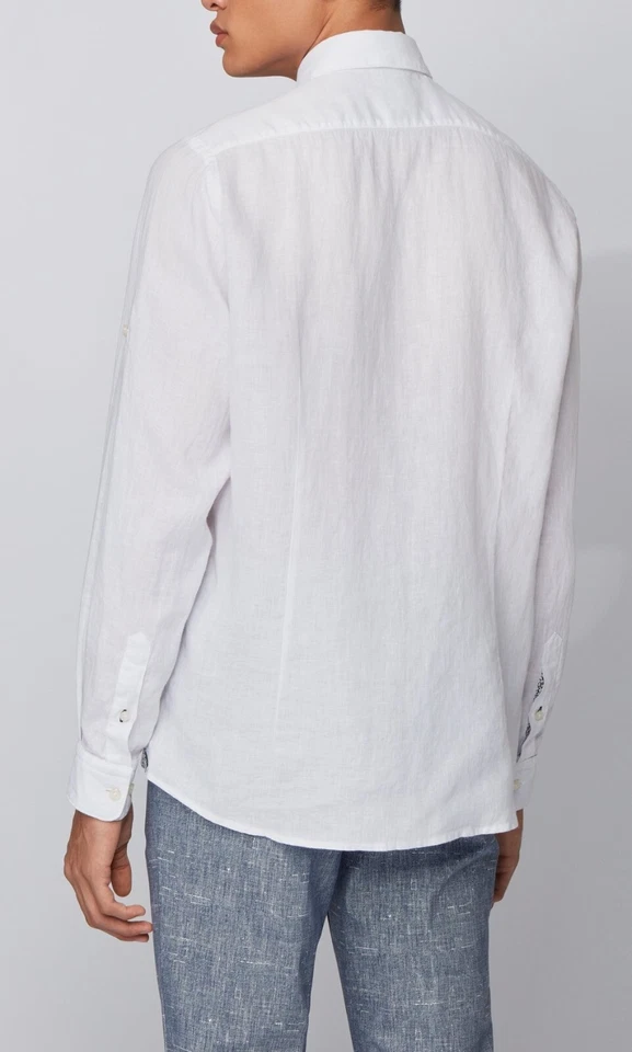 HUGO BOSS REGULAR Fit Asjustable Sleeve Chambray Linen White mens Shirt 2XL - Image 3 of 4