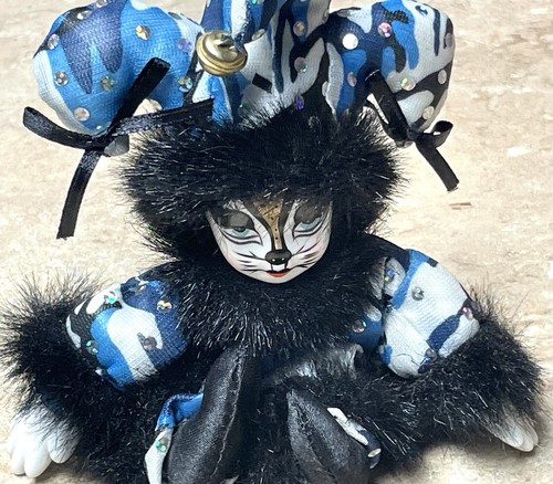 Vintage 8"" Porzellan Clown Puppe blau mit Katze Gesicht Schwanz schwarz Pelz Pailletten - Bild 20 von 20