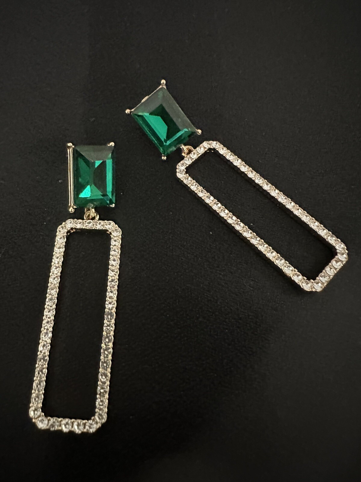 Open Rectangle Pave Crystal  /one Green Stone Drop Earrings