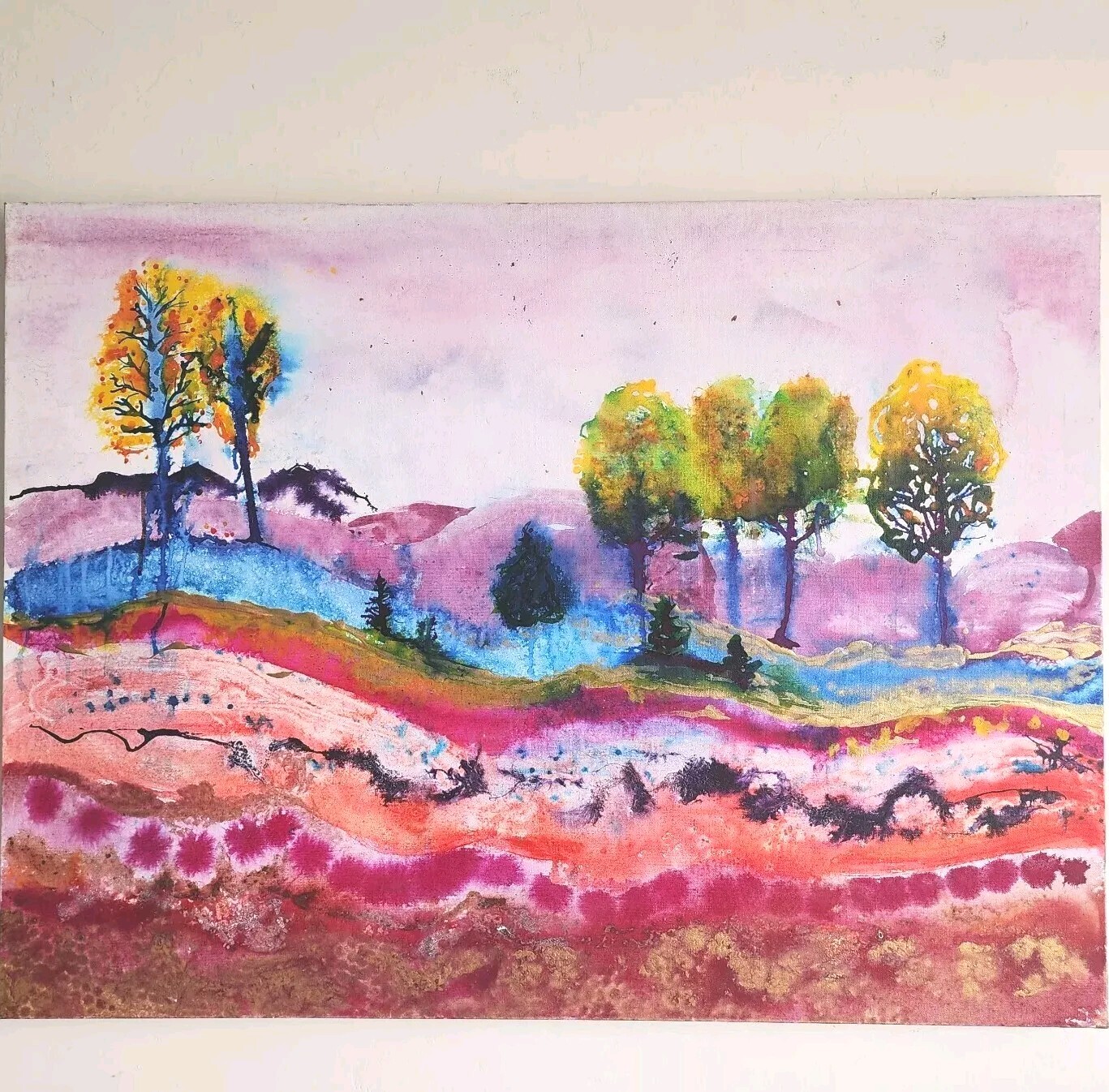 Painting Watercolor Landscape Trees Autumn Original Art Large Canvas 40