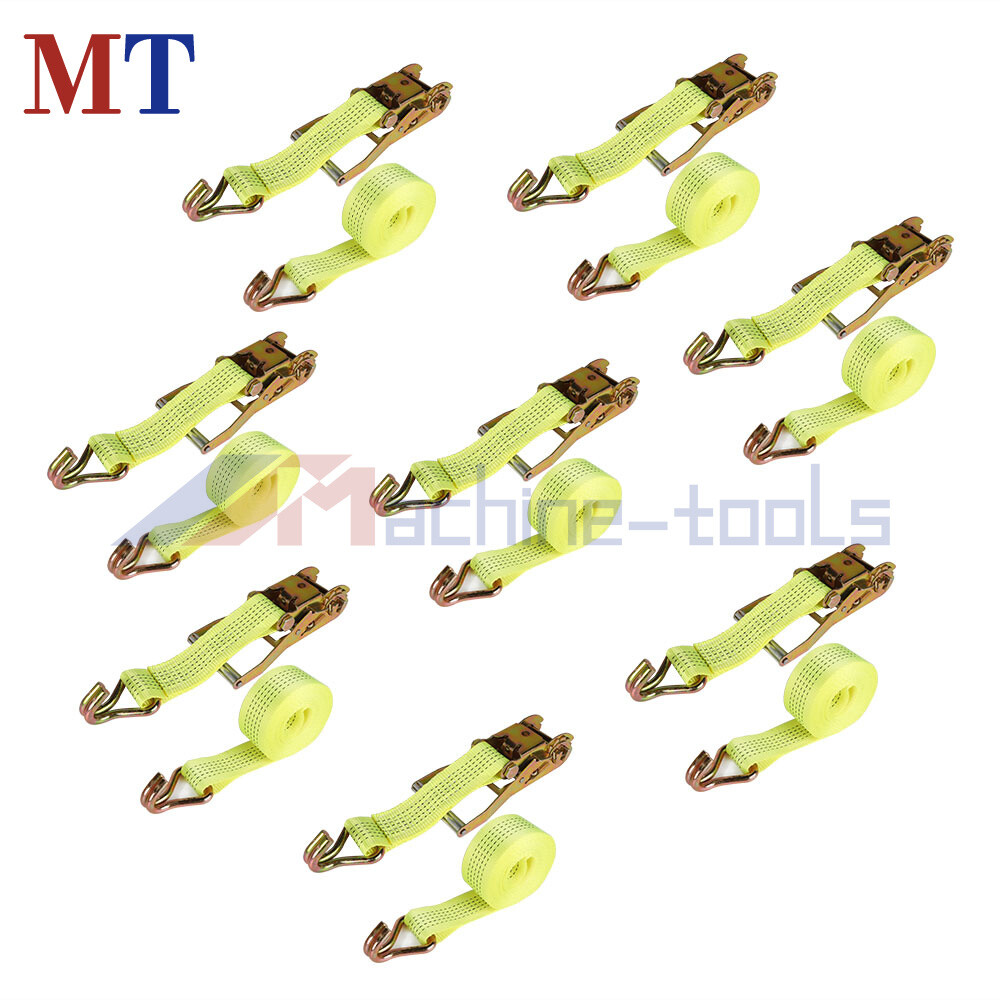 8 Pack Yellow Ratchet Straps J Hook 2" x 15' 5000 Lbs Heavy Duty Tie Downs