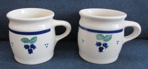 2 Vintage Hartstone Pottery Blueberry Blue Band Coffee Mugs- Excellent!