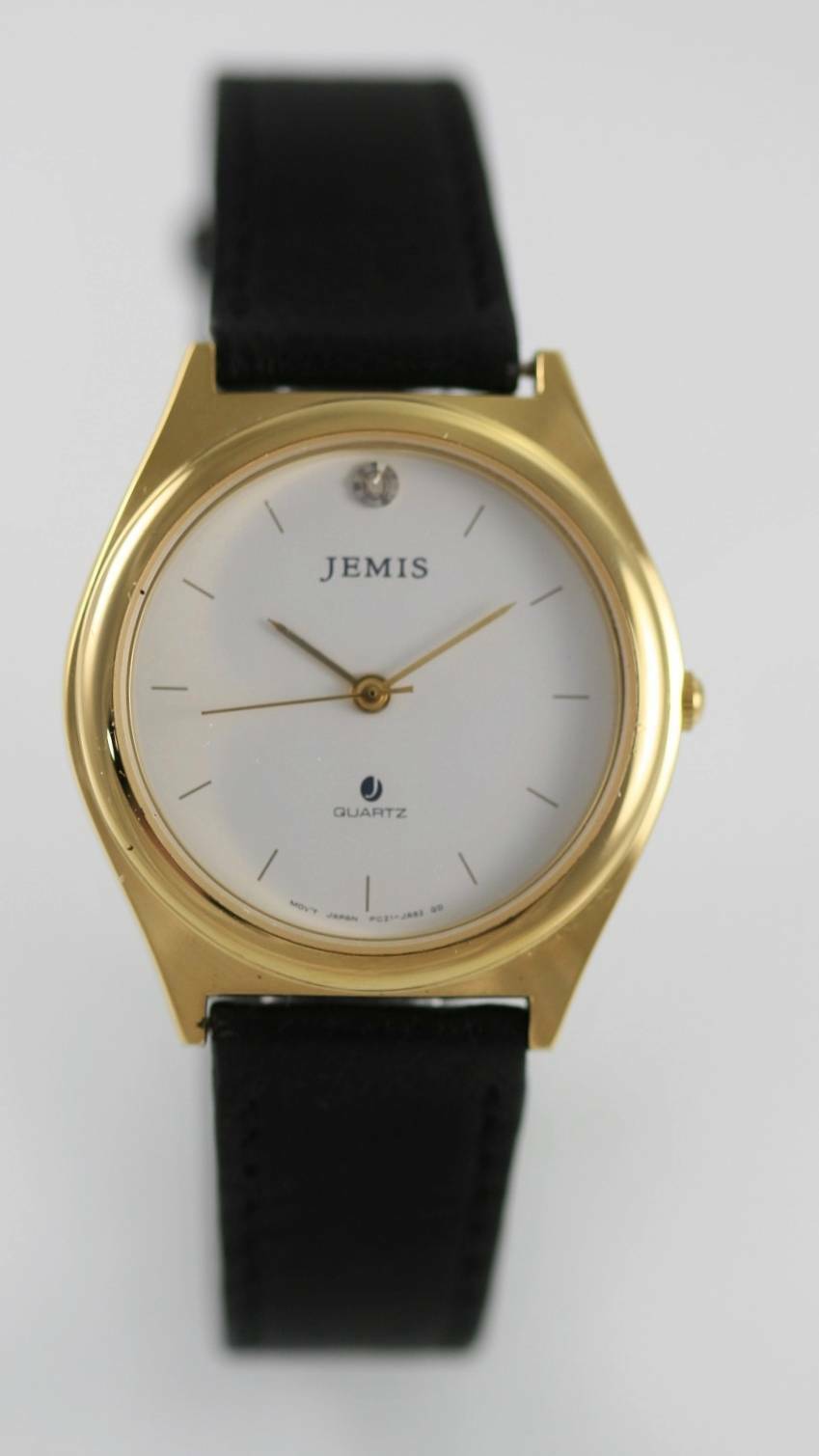 Jemis White Men's Black Leather Gold Stainless Steel 24hr WR Quartz Watch