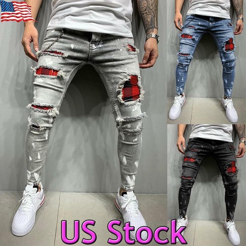 Mens Skinny Ripped Jeans Denim 