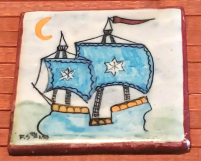 F S Fabrica Sant Anna Lisboa Portugal Tile Spanish Armada Ship Hand Painted 