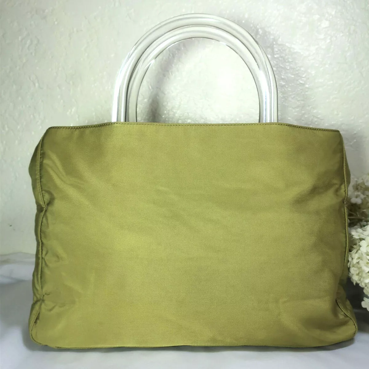 PRADA Green Nylon Lucite Clear Handles Small Tote Hand Bag