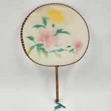 Vintage Japanese Hand Fan Floral Rice Paper Bamboo 12" 1940s