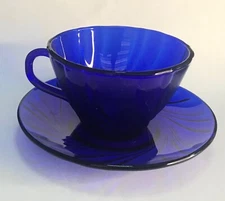 Teacup and Saucer Duralex Vereco Cobalt Blue Swirl Glass