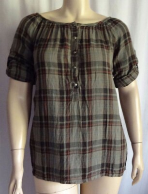 EAMZ 70  SACRED THREAD Gray Black Plaid Cotton Roll up Sleeves Top OS S M L