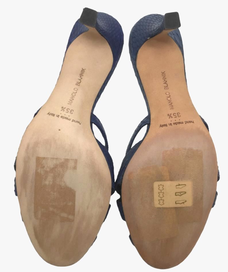 $825 Manolo Blahnik Women's Blue Snakeskin Sandal Slide