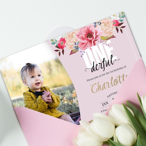 Personalised First Birthday 1st Invitation Invite Floral Girls onederful Digital - Picture 2 of 3